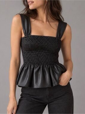STAUD Ida Soft Faux Leather Peplum Top Black S